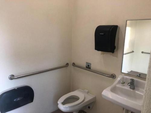 EastgateにあるLakeside Cabin for a Glamping Getaway near Tampa, Floridaのトイレ、洗面台、鏡のあるバスルーム