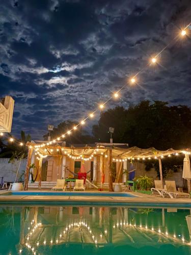 a swimming pool at night with lights on a house at Hostel Treebu in Valladolid