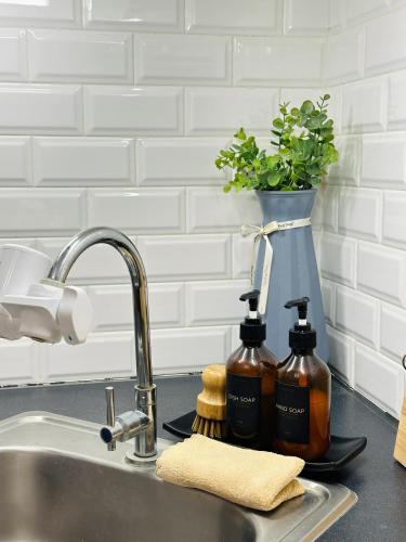 a kitchen sink with two bottles of soap at Cozy Nest Tagaytay in Tagaytay