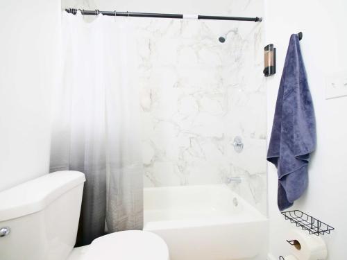 a bathroom with a white toilet and a shower at Cozy 1BR Getaway with Wifi - Mins to NYC in Paterson