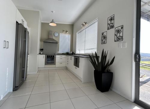 a large kitchen with white cabinets and a potted plant at The Shores Lakefront Retreat in Omamari
