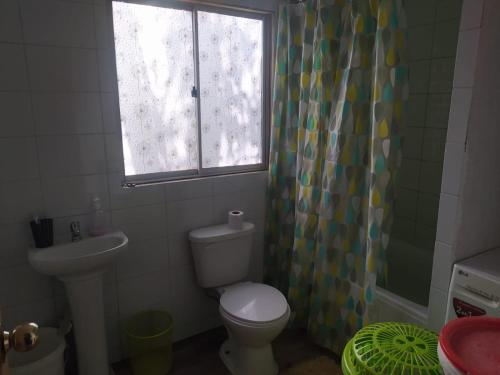 a bathroom with a toilet and a sink and a window at Cabaña entre eucaliptos en Huaquén 3D 1B más patio in Guaquen