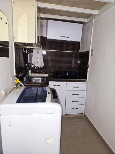a small kitchen with a sink and a dishwasher at Apartaestudio - Miraflores in Cali