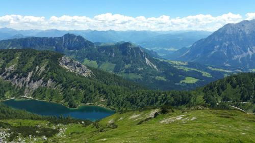 a view of two lakes in a mountain valley at Holiday House Spanner in Tauplitz