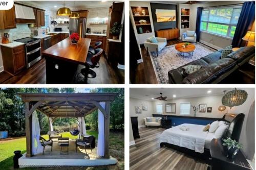 奥古斯塔Chic Designer Getaway - Private Cul-de-Sac, Veteran-Owned的厨房和客厅的四张不同照片