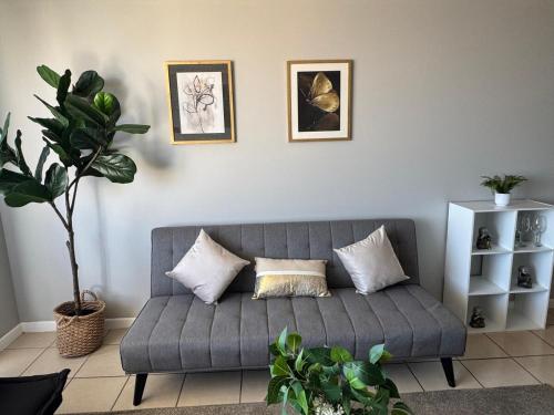a gray couch in a living room with plants at Acogedor y amplio, cercano al Hospital de Ovalle in Ovalle