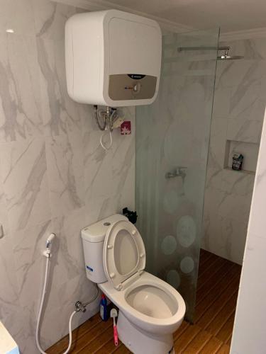 a bathroom with a white toilet and a shower at Villa RR Senggigi in Senggigi