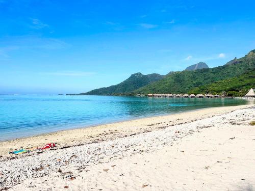 una playa de arena con el océano y las montañas en el fondo en Manahiti properties, en Moorea