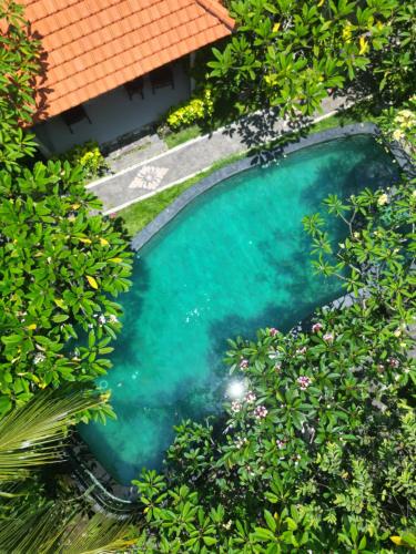 an overhead view of a swimming pool surrounded by trees at Satria Bungalow in Uluwatu