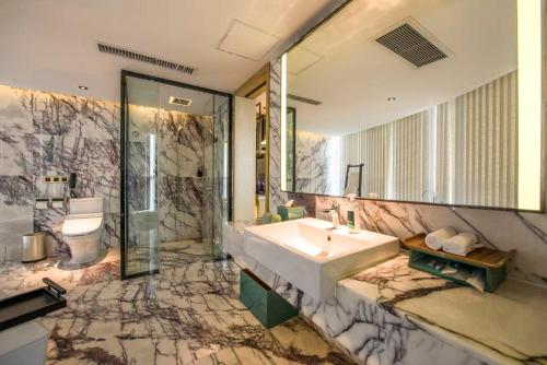 ein Badezimmer mit Waschbecken, Spiegel und Toilette in der Unterkunft Atour S Hotel Guangzhou Beijing Road Tianzi Wharf-Free Shuttle Bus From Hotel To Pazhou Exhibition Center During Canton Fair in Guangzhou