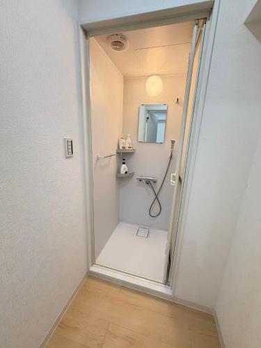 a walk in shower in a bathroom with a mirror at PUZZLE hotel 301 in Tokyo