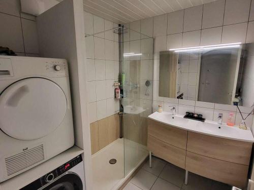 ein Badezimmer mit einer Dusche, einem Waschbecken und einer Waschmaschine in der Unterkunft Chambre Privée Cosy- Dans Appartement Moderne en Colocation- Tram A -P5-2 in Lormont