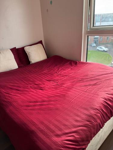 een rood bed in een kamer met een raam bij Charming Edinburgh Apartment with Electric Heating Free WiFi in Edinburgh