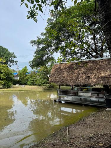 a house with a thatched roof next to a river at บ้านนกฮูก อิงสายชล in Ban Khlong Sai
