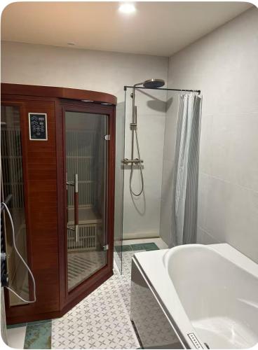 a bathroom with a shower and a tub and a sink at Cisárska Komnata in Špania Dolina
