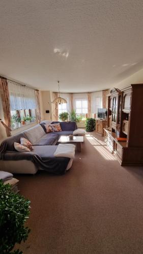 HartauにあるFerienhaus Töpferblick-Hartauの大きなリビングルーム(大型ベッド1台、ソファ付)
