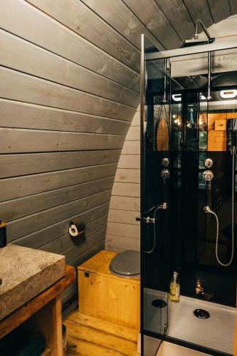 a shower with a glass door in a bathroom at Gite et chambres d'Hotes de Cozance in Anjou