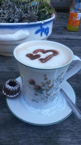 a cup of cappuccino on a plate on a table at Appartement Edelweiss mit Infrarotkabine in Großsölk