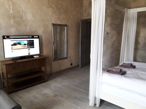 a bedroom with a bed and a flat screen tv at Apartments Rose Garden in Děčín