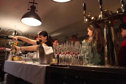 a group of people sitting at a bar with wine glasses at Apartments Rose Garden in Děčín