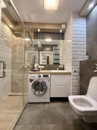 a bathroom with a washing machine and a toilet at Perfect Apartment Oldtown Riverview Balcony in Gdańsk