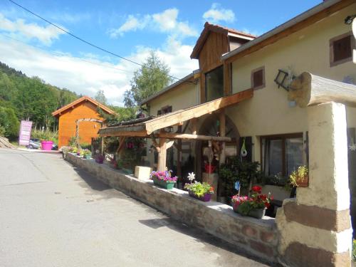 a building with potted plants on the side of it at Auberge De La Grange spa & sauna in Plainfaing