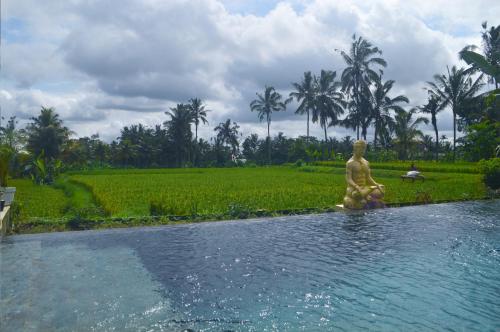 a statue sitting in the water next to a field at Gilded Palms Villa, Ubud Payangan, Bali in Payangan