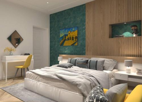 サレルノにあるResidence Arechiのベッドとテーブルと机のある寝室