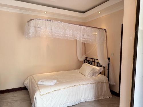 a bedroom with a bed with a curtain over it at Namelok apartment in Sekenani