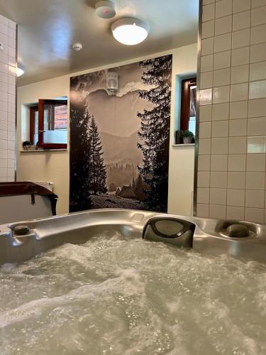 a bath tub filled with water in a bathroom at Pensjonat Jastrzębia Turnia in Zakopane