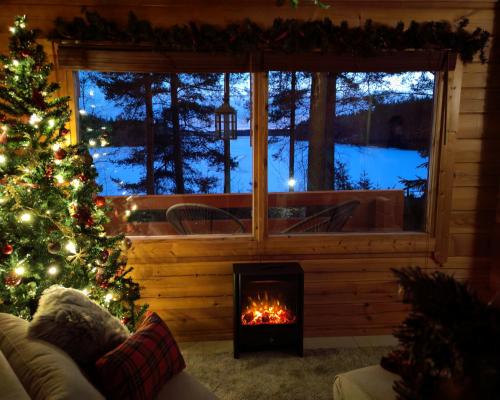 a living room with a christmas tree and a fireplace at Nature Dream Days in Muhos
