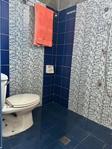 a bathroom with a toilet and a shower with blue tiles at GSB City Apartelle in Tuguegarao City