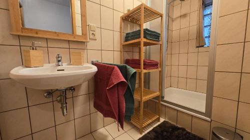 ein Badezimmer mit Waschbecken, Spiegel und Handtüchern in der Unterkunft Ferienwohnung Aschenbrenner in Hohenwarth