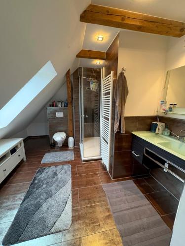 a bathroom with a shower and a sink and a toilet at Cityapartment am historischen Wall in Aurich