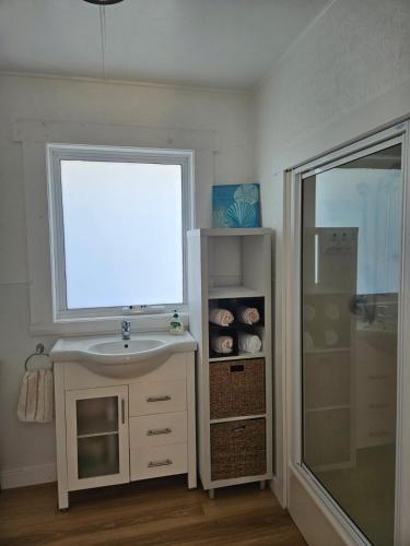 a bathroom with a sink and a window next to a shower at Port Sorell Beach Shack in Port Sorell