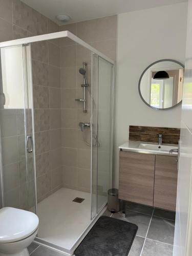 a bathroom with a shower and a toilet and a sink at Gite du Lac T4 in Vieux-Boucau-les-Bains