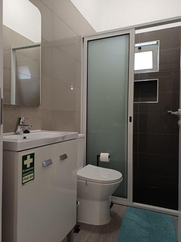 a bathroom with a toilet and a sink and a mirror at Sunset Cottage in Ponta do Sol