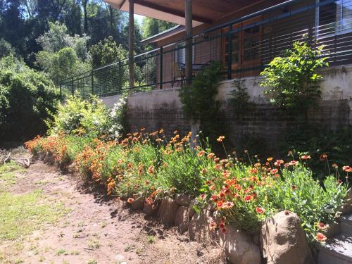 a row of flowers in front of a house at Cabañas Rahue in Vilches