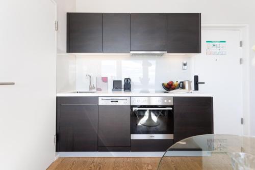 a kitchen with black cabinets and a dishwasher at Luxury City Apartment with Skyline View in Vienna