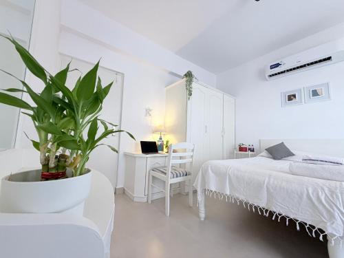 a white bedroom with a potted plant and a bed at Luxury Stays By The Beach Goa in Benaulim