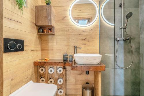 a bathroom with a sink and a shower at Vineyard cottage Pri mali luži in Trebelno