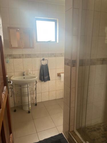 a bathroom with a sink and a shower at Imvubu Chalet in Sodwana Bay