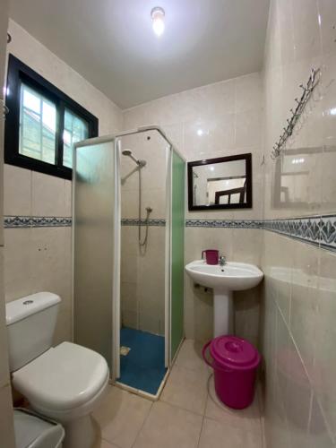 a bathroom with a toilet and a sink and a shower at HOTEL BADINCA Alojamento Low Cost in Bissau avenida FRANCISCO MENDES in Bissau
