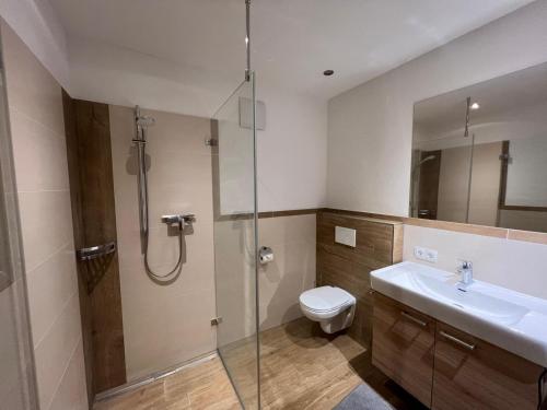 a bathroom with a shower and a toilet and a sink at Haus Steinplatte in Waidring