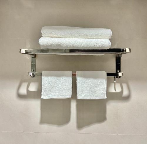 een handdoekenrek met drie handdoeken in de badkamer bij 40 sqm Studio at Aeon Towers in Davao City