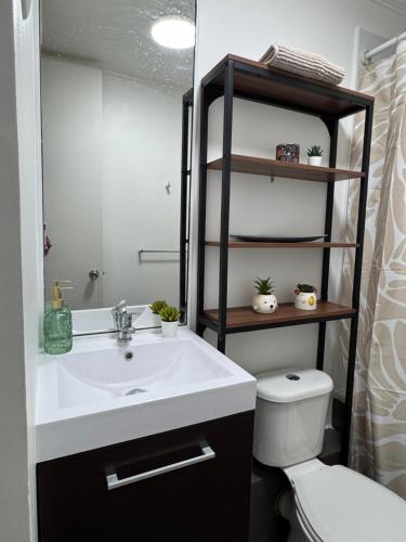 a bathroom with a white sink and a toilet at Luminoso estudio para 3 personas en Ovalle in Ovalle