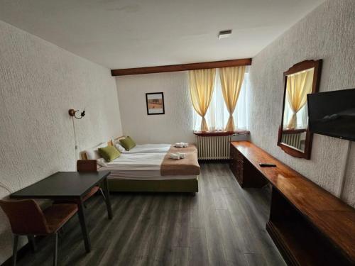 a bedroom with a bed and a desk and a table at ApartHotel Kopaonik in Brzeće