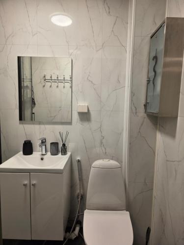 Un baño blanco con inodoro y lavabo. en Nord Stay Tromso, en Tromsø