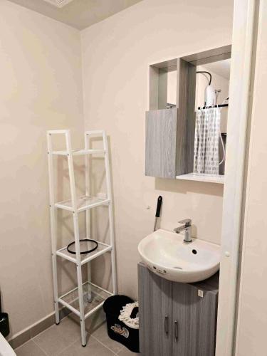 a bathroom with a sink and a shelf at Casa Istilo Studio at Avida Abreeza Davao in Davao City