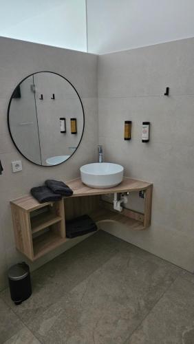 WilheringにあるDas Bründl - Frühstückspension und Campingの洗面台と大きな鏡のあるバスルーム